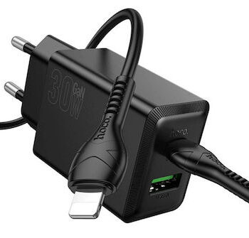 Hoco N71 Nuevo Φορτιστής GaN 30W με Καλώδιο USB-C σε Lightning Μαύρος
