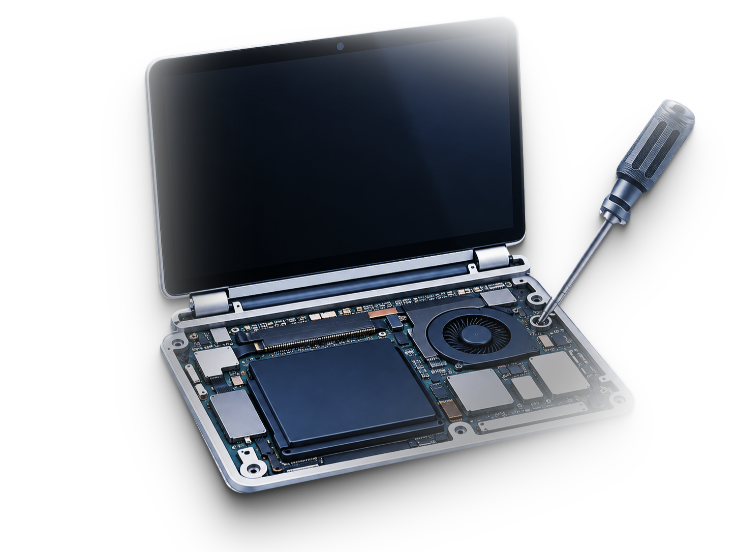 Απεικόνιση laptop με ορατά εσωτερικά εξαρτήματα και κατσαβίδι.